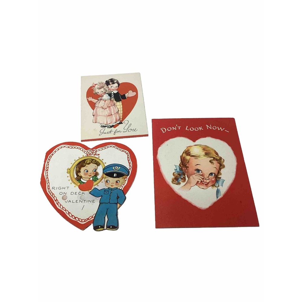 Vintage Valentines Cards, Set Of 3 Kitchy Cute